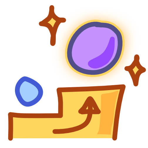 A yellow step that has a small blue circle on the lower part and a large purple circle with a yellow outline and glow and two sparkles beside it on the top. There is an arrow pointing up at the purple circle. The image has dark line art.